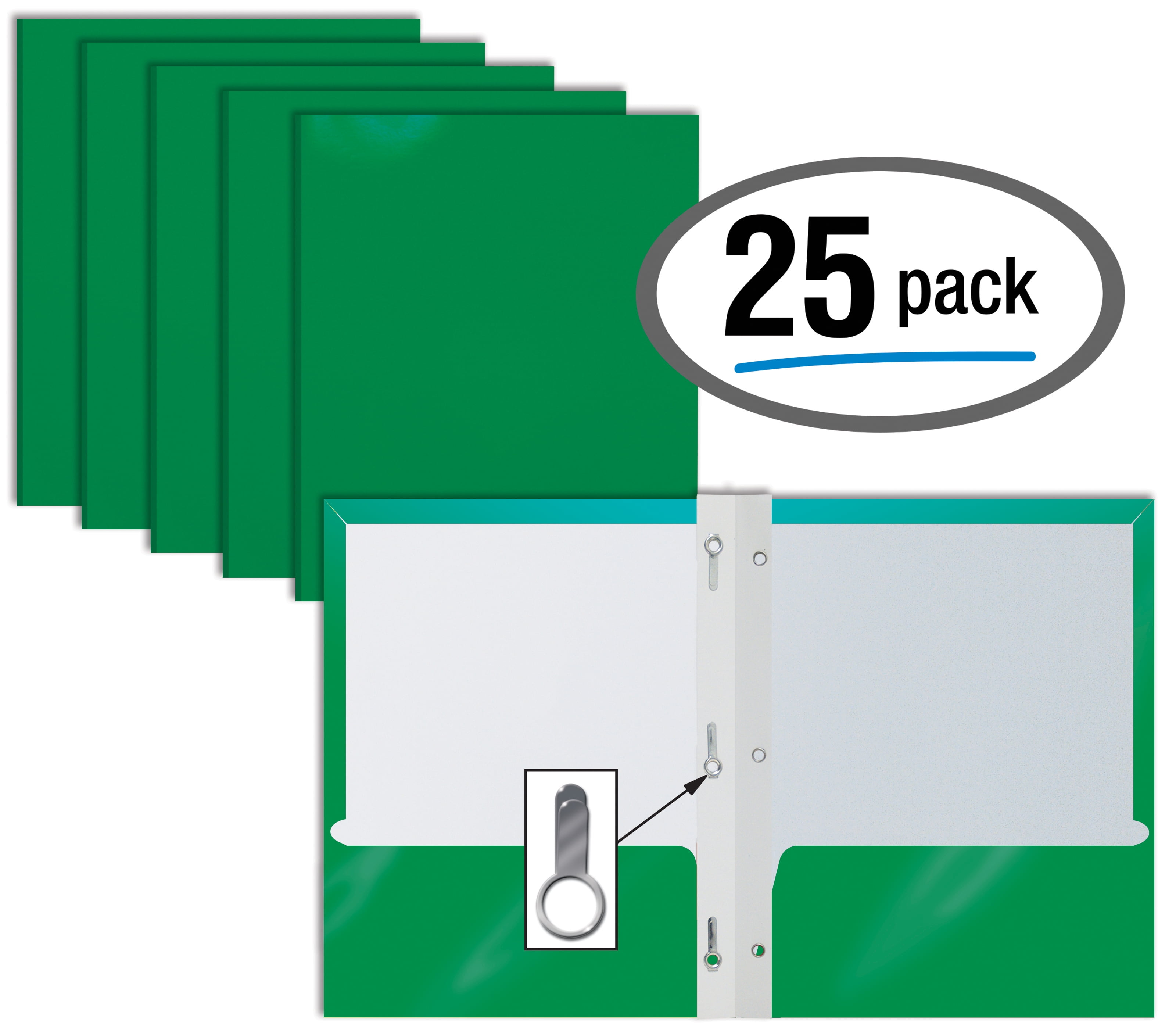 2 Pocket Glossy GREEN Paper Folders with Prongs, by Better Office