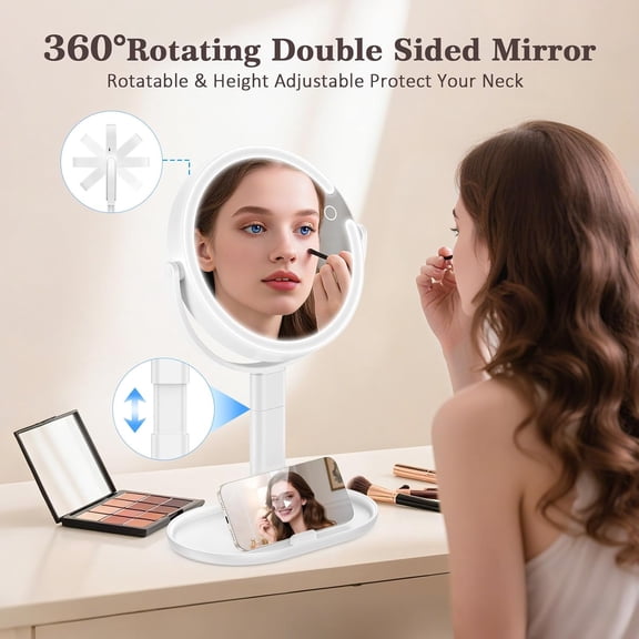 JUNXIAO-15X/1X Makeup Mirror with Lights, 4000mAh Vanity Mirror with 3 Lighting and Adjustable Brightness, 2-Sided Height Adjustable Lighted Magnifying Mirror, Make Up Mirror Gifts for Elder Women