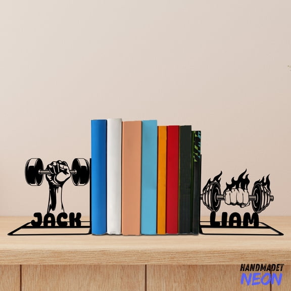 Handmadetneonsign Barbell Dumbbell Sport Metal Bookends, Weightlifting Name Bookend, Gymnastic Table Bookshelf Decor 76581