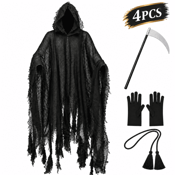 Halloween Grim Reaper Costume for Adults, Black Hooded Cloak with Scythe, Gloves and Tassel Belt, 4-Piece Cosplay Set