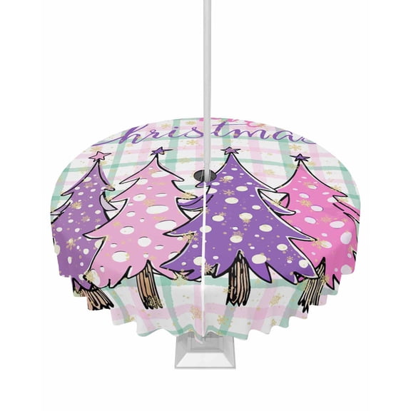 Fsddascl Purple Pink Christmas Tree Outdoor Tablecloth - 60 Inch Round Dining Table Cover, Xmas Snowflake Plaid Waterproof Outdoor Table Cloth with Umbrella Hole & Zipper for Picnic/Patio/Party