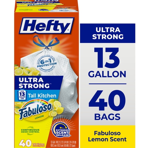Hefty Ultra Strong 13 Gallon Trash Bags, Tall Kitchen Trash Bags, White, Fabuloso Lemon Scent, 40 Bags