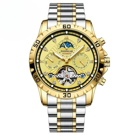 EXPLOJOY Men's Automatic Watch – Gold Stainless Steel, Waterproof and Luminous Design