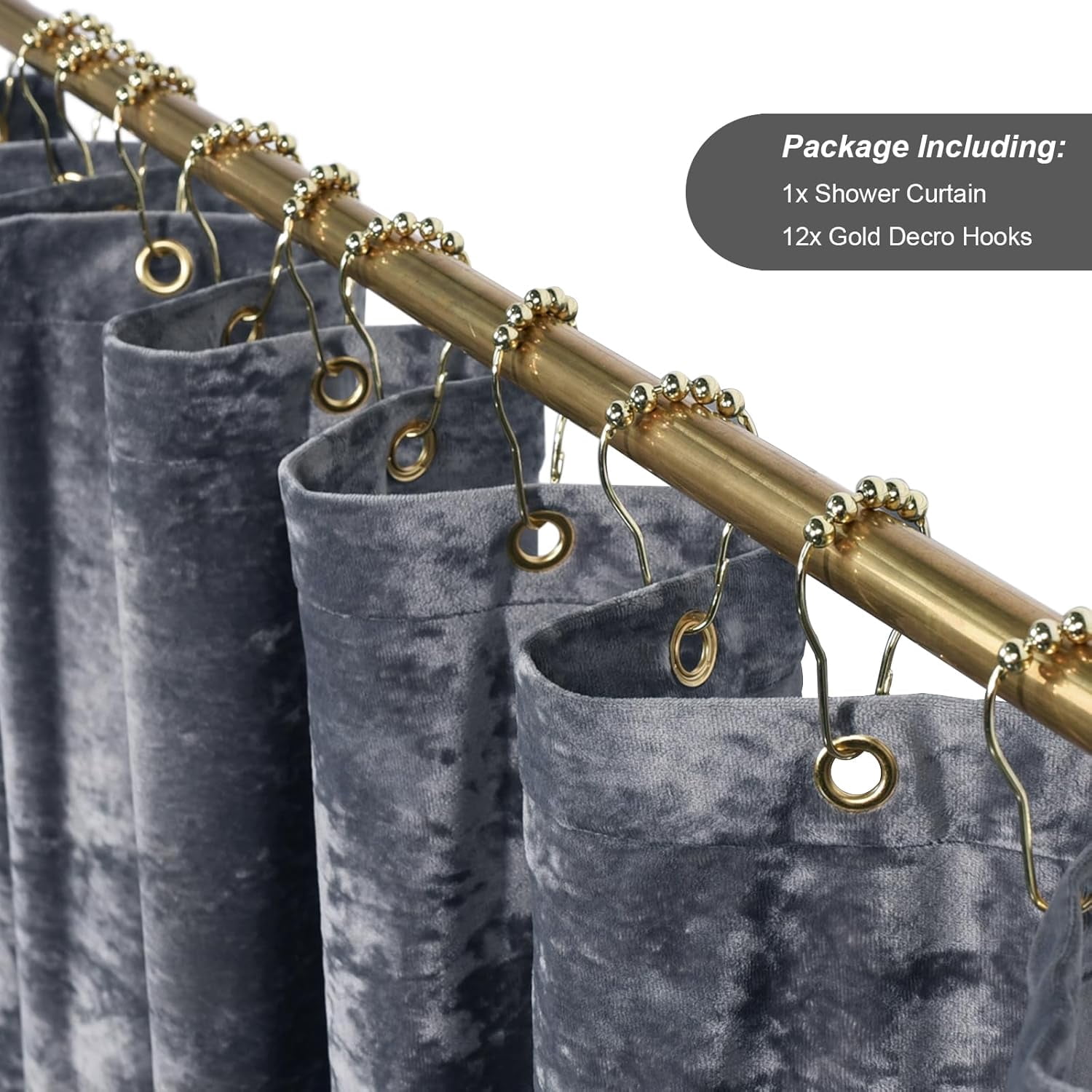 Crushed Velvet Shower Curtain, Grey Shower Curtain for Bathroom, Luxury Shower Curtain Set with 12pc Gold Hooks, Thick Fabric Waterproof 72x72”