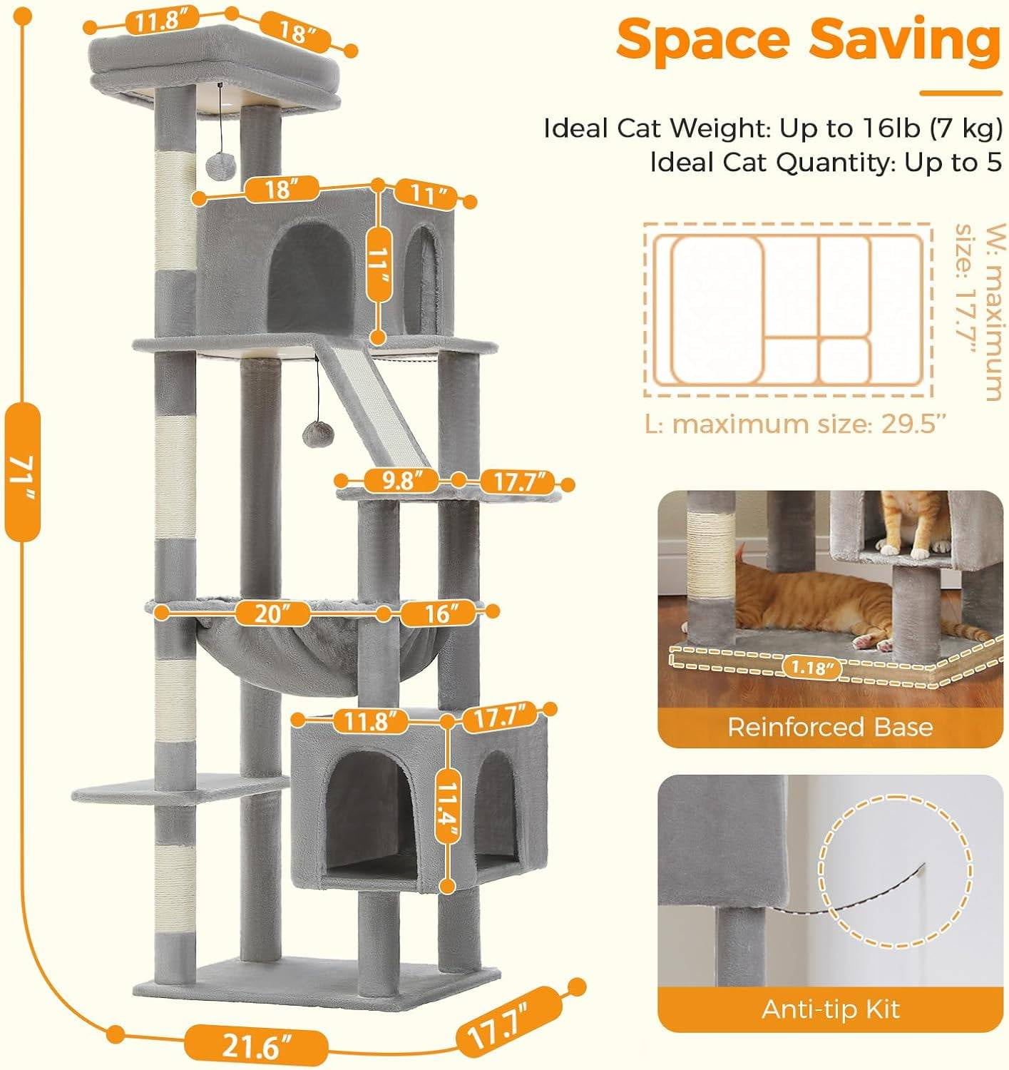 PEQULTI 71'' Multi-Level Cat Tree Tower Large Cat Tree with Dual Spacious Condos Indoor Gray