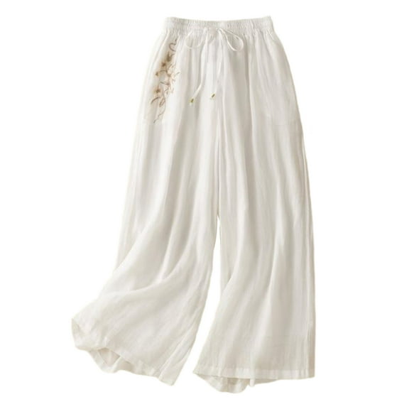 jtjvou Women's Embroidery Floral Palazzo Pants Elastic High Waist Wide Leg Pants White L