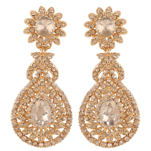 Sunsoul by Touchstone Indian Bollywood Beautifully Hand Finished Victorian Studded Look White Rhinestone Designer Jewelry Chandelier Earrings In Gold Tone For Women.