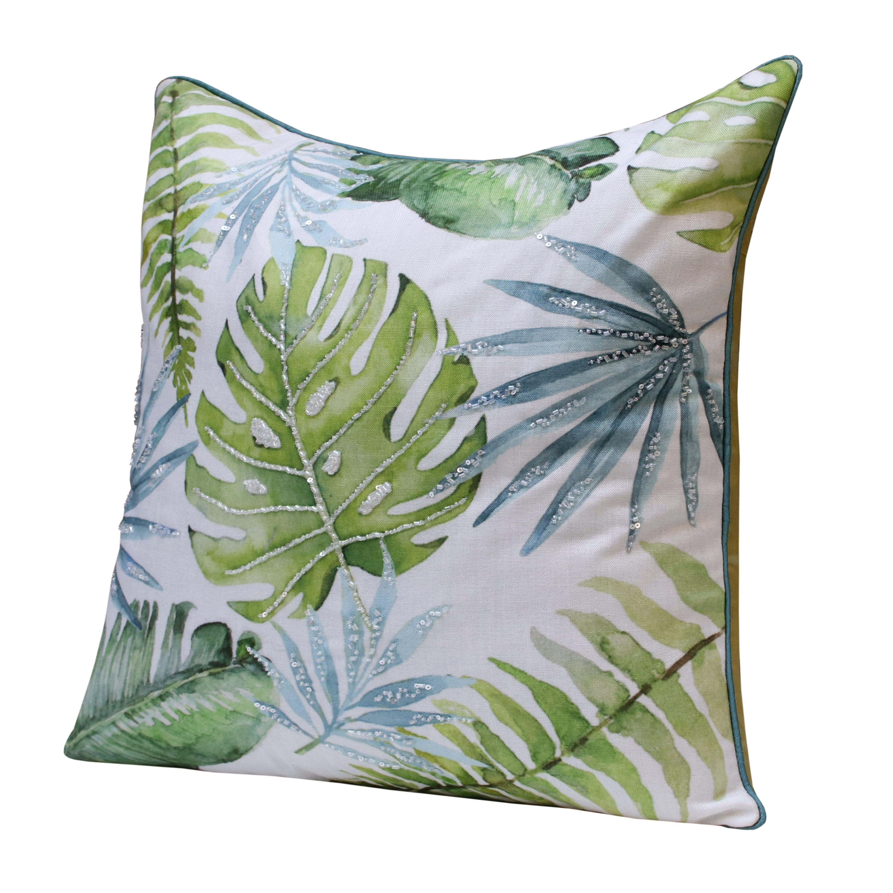 Pauline Hand-Woven Tropical Leaves Polyester Throw Pillow, Green/Blue, 20" x 20", Count per Pack 1