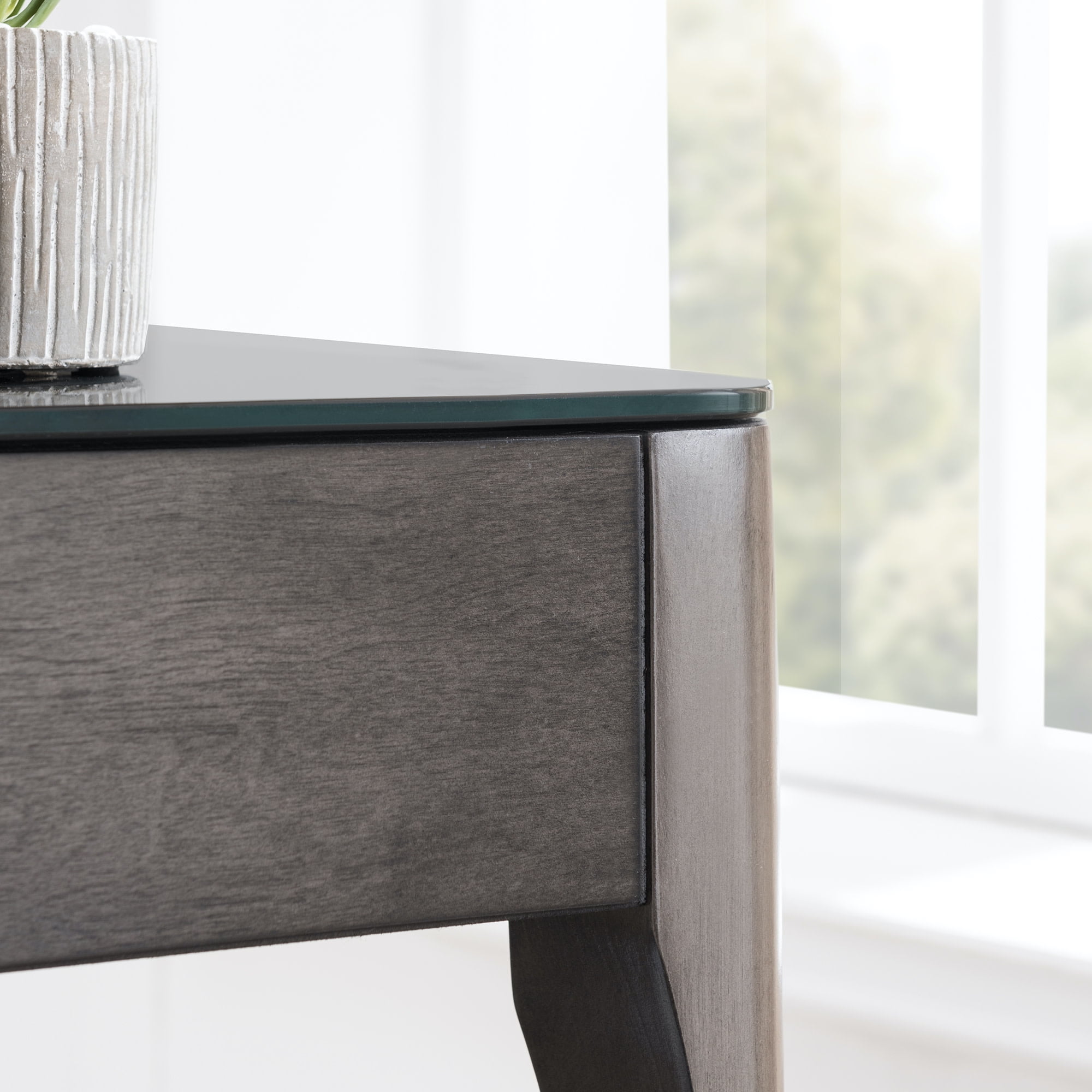 Leick Home Obsidian Solid Wood Recliner Wedge Glass Top End Table with Shelf, Smoke Gray/Black