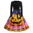 thumbnail image 2 of Women's Halloween Dress Bat Printed Crew Neck Scary Dresses Candy Hepburn Long Sleeve Classic Tea Length Dress with Belt 3XL, 2 of 6