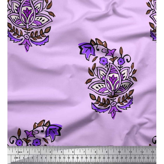 Soimoi Silk Fabric Leaves & Floral Block Print Fabric by Yard 42 Inch Wide