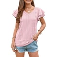 thumbnail image 1 of Camiseta de mujer Mangas cortas con volantes Capas dobles Cuello en V Agujeros huecos Top informal de verano Rosa XL, 1 of 6