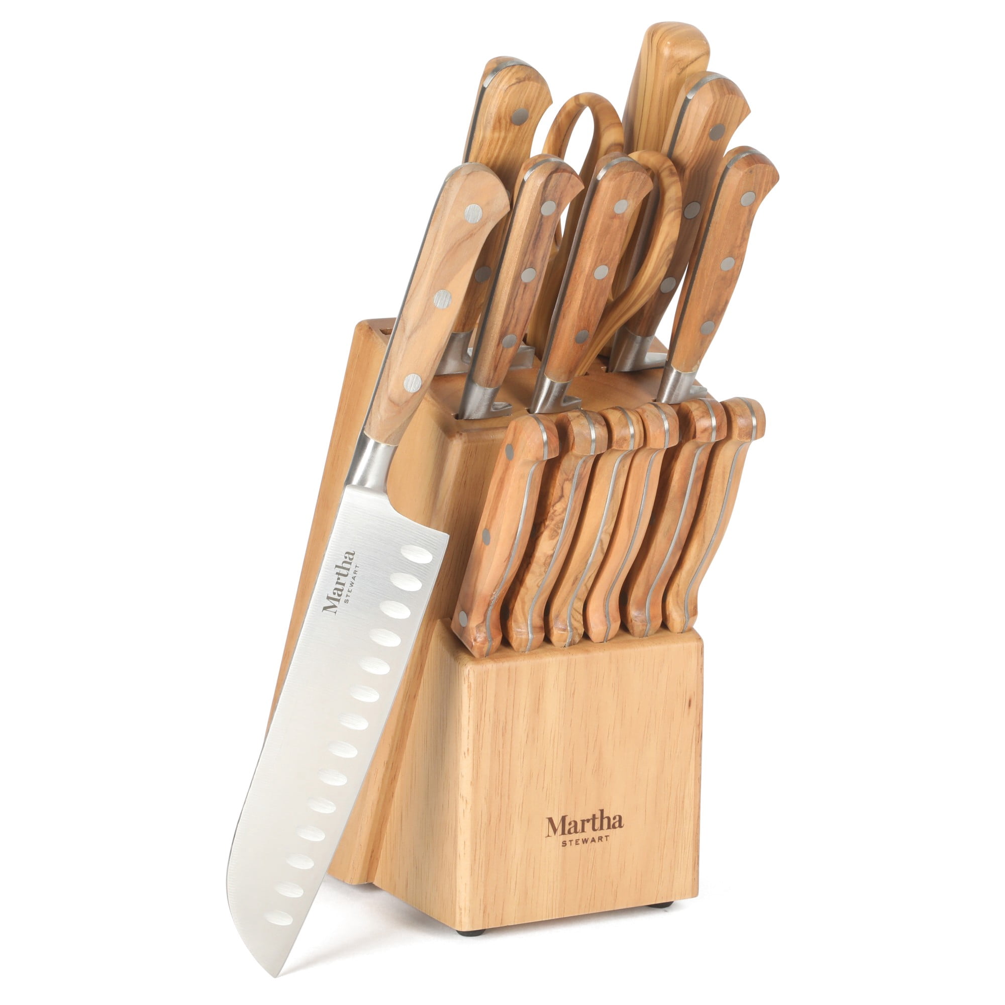 Martha Stewart Austenwood 15-Piece German Stainless Steel Cutlery Block Set, Italian Olive Wood Forged Handles and Wood Block
