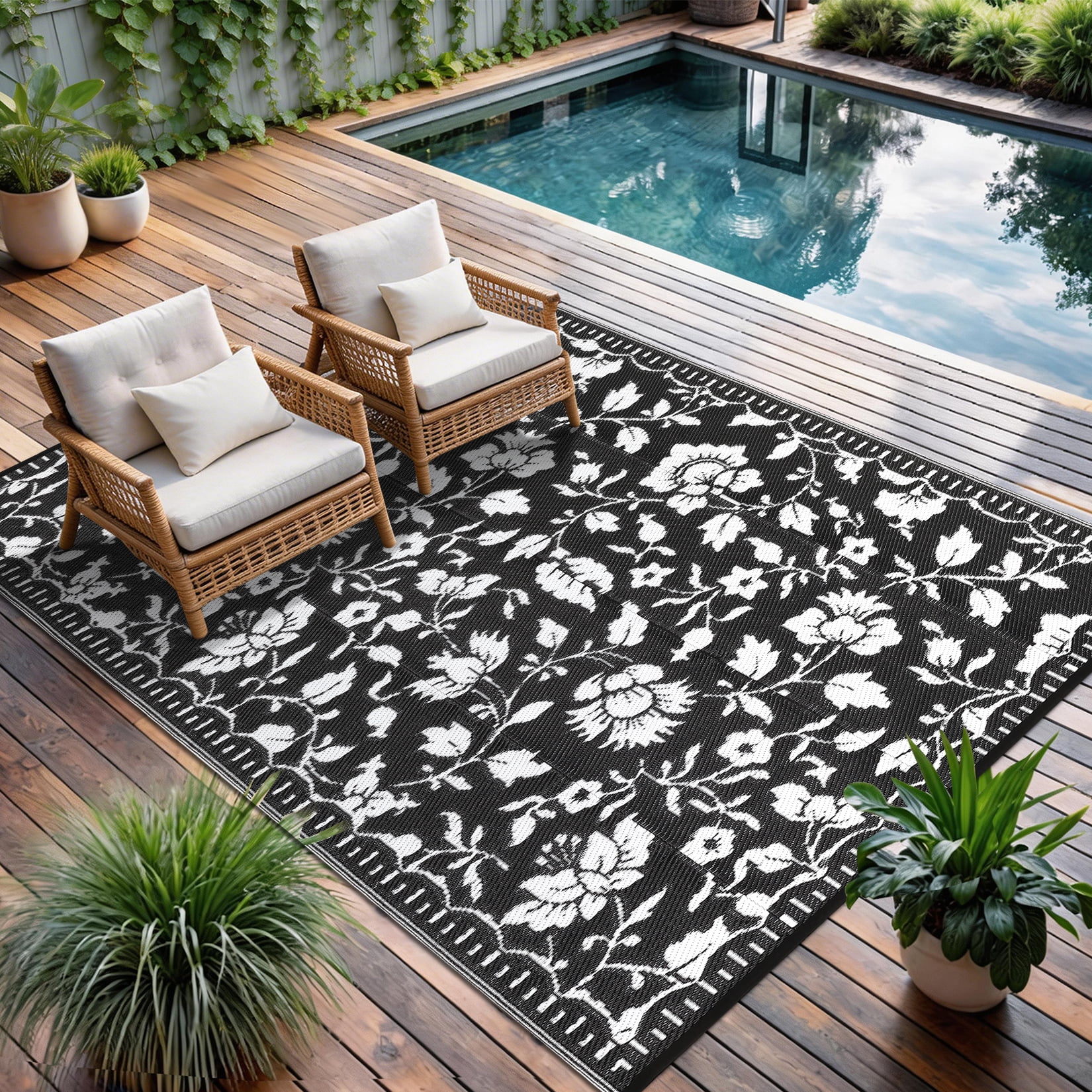 Garvee 6'x9' Outdoor Rug Waterproof Floral Camping Carpet, Reversible Plastic Straw Rug Outdoor Rug for Patio RV Balcony Backyard, Black