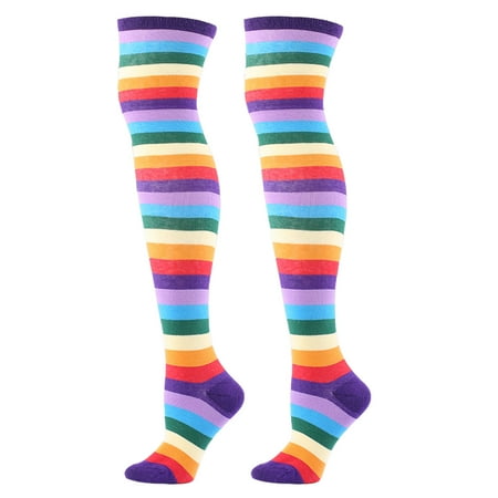

Colorful Rainbow Striped Socks - Over The Knee Clown Striped Costume Accessories Thigh High Stockings for Men Women and KidsPurple pinshui