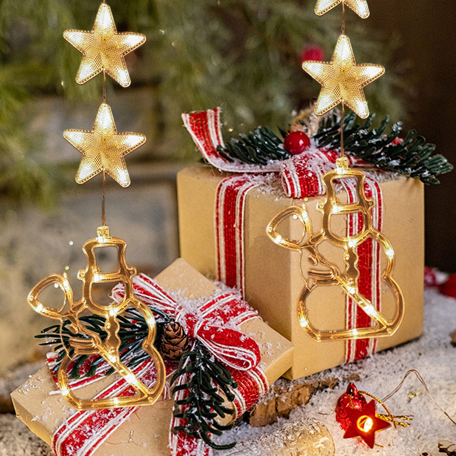 Lot De 4 Décors Flocons De Neige Lumineux à Piles - LED Blanc Chaud, Ventouses, Pour Fenêtre Noël