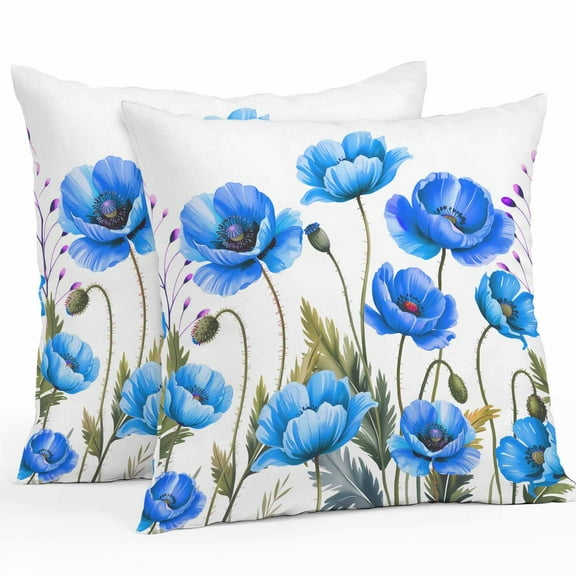 Outdoor Pillow Covers Pack of 2, Blue Poppy Flower on White Waterproof Throw Pillowcase Cushion Cases, Watercolor Floral Leaves Decorative Pillow Cover for Couch Sofa Home Bed Patio