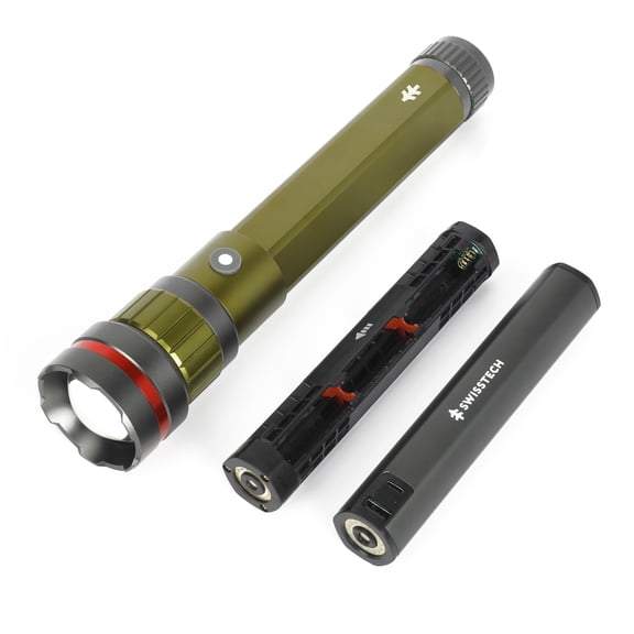 Swiss Tech LED Flashlight, 6500 Lumen, Rechargeable, Dual Power AA USB, Charging Bank, IP67 Waterproof