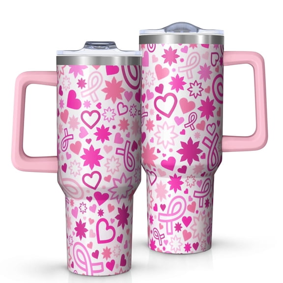 Pink Breast Cancer Tumbler with Handle and Lid,40oz Double Wall Vacuum Insulated Tumbler,Cups Gift for Women and Men