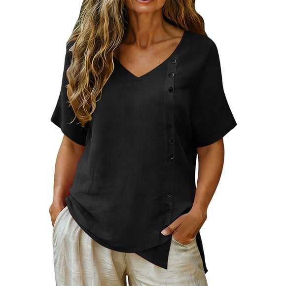 Camisas de Lino con Cuello en V para Mujer, Modernas, con Botones, Suéter Tipo Pulóver, Tops de Color Sólido, Corte Holgado, Blusa Casual, Playera, Negro XXL