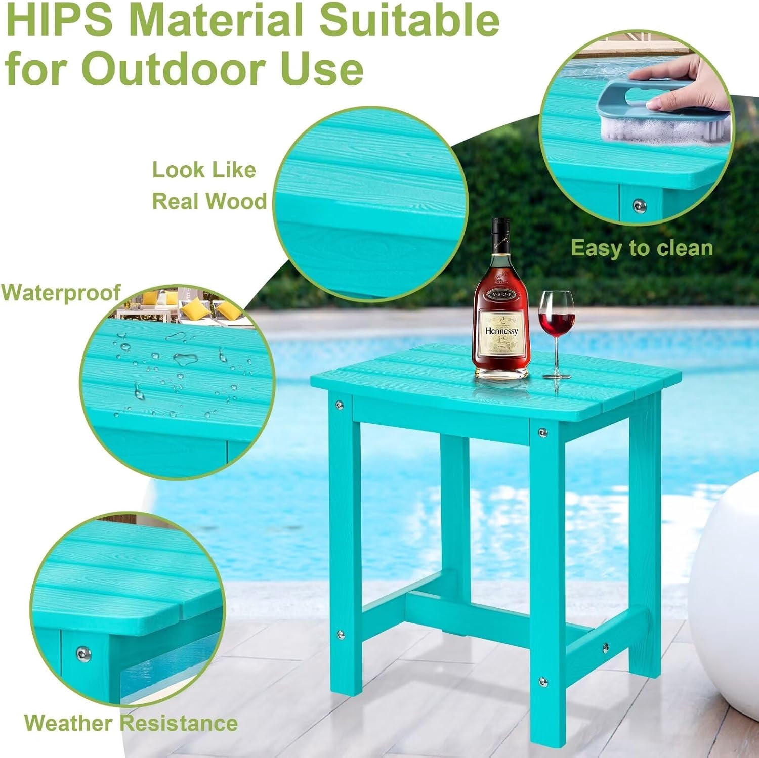 Y&M Outdoor Side Table, HDPE Patio End Table for Adirondack Chair, Weather Resistant Small Accent Table, Aruba Blue, Single Layer