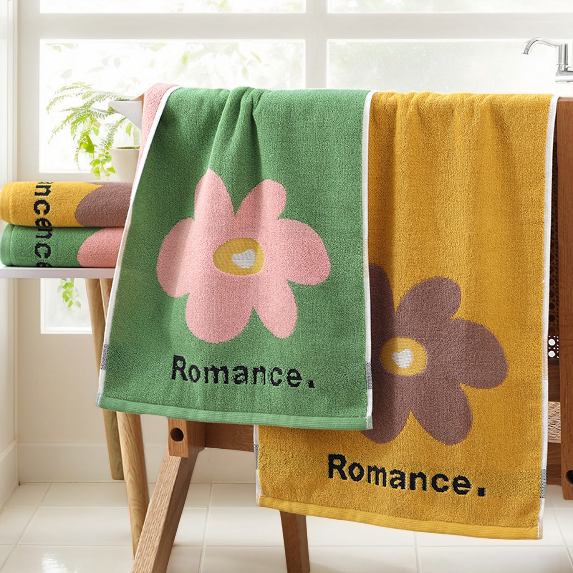 REGALWOVEN Cute Floral Bathroom Hand Towels Flower Pattern Cotton Hand Towel Soft Absorbent Decorative Towels (13 x 30 Inch) Green 4-Piece