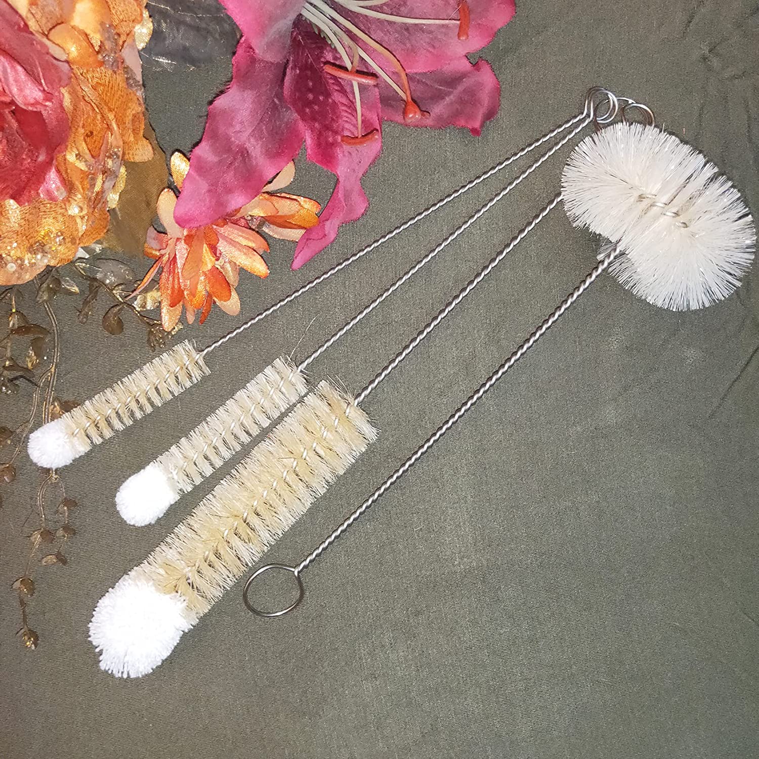 Bottle Brushes Thin Long Handle X 4, Skinny Wire Cleaner Set in Stainless Steel with Natural Boar Bristle at Wool Tip, Bendable Flexible for Cleaning Narrow Neck Bottles, Pipe, Tube, Hose