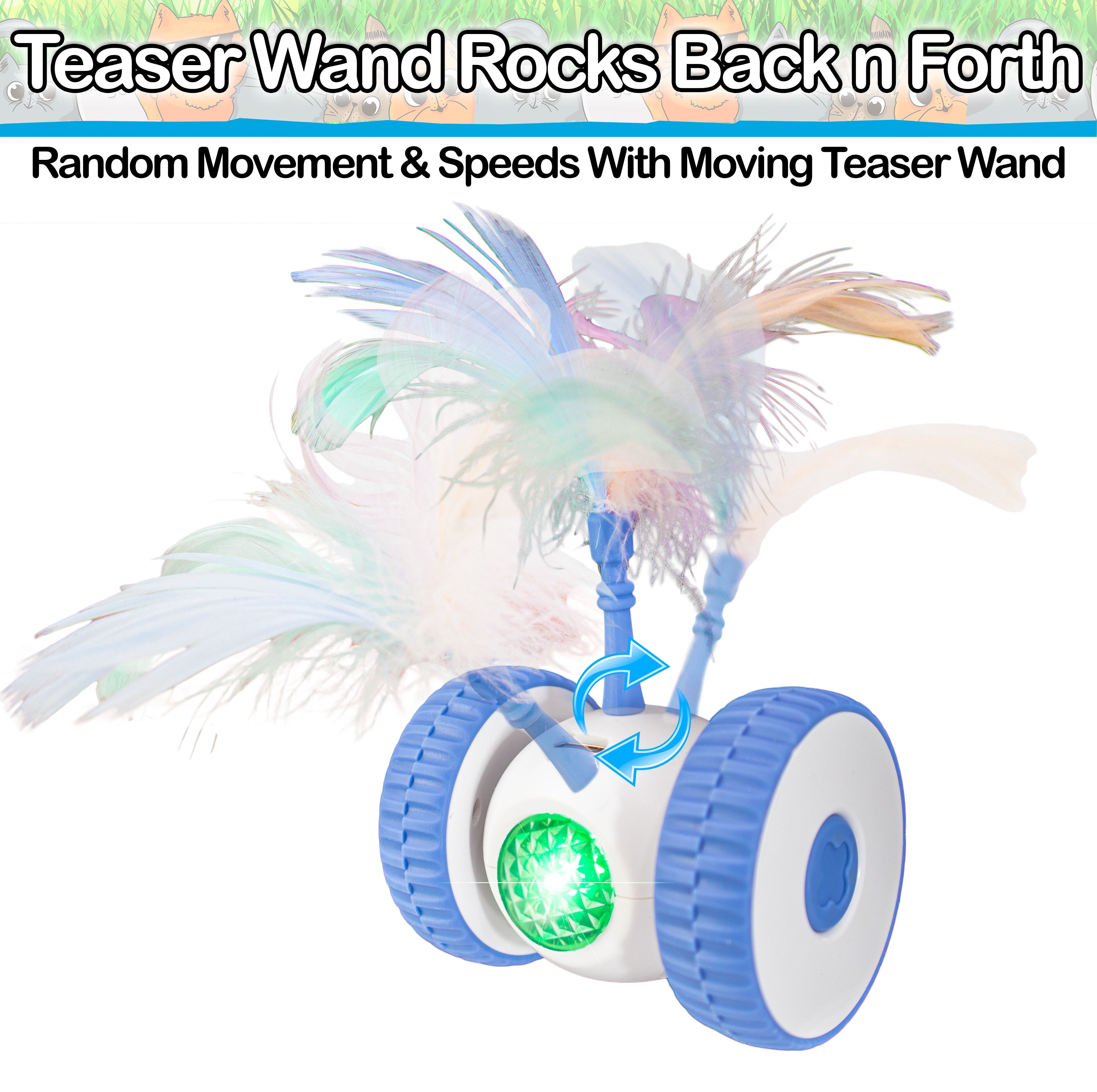 Interactive Cat & Dog Toy LED Lights, Wheels, & Moving Teaser Feather Wand - USB Rechargeable Automatic Moving Kitten Ball Toy for Exercise and Play