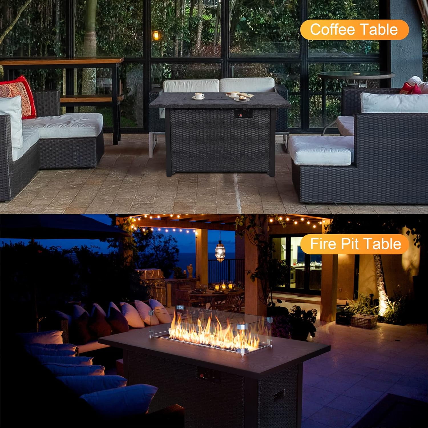 Phonjoroo Fire Pit Table 42 in Outdoor Propane Gas Fire Pit for Outside 50,000 BTU Auto-Ignition Gas Firepit Outdoor Rattan Table with Glass Wind Guard and Cover