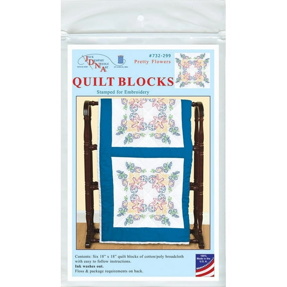 Jack Dempsey Stamped White Quilt Blocks 18"X18" 6/Pkg-Pretty Flowers