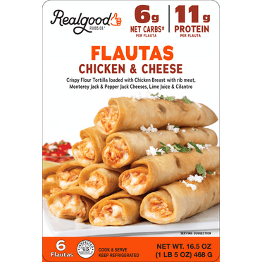 Realgood Foods Co. Chicken & Cheese Flautas, 6 Count, 16.5 oz (Refrigerated)
