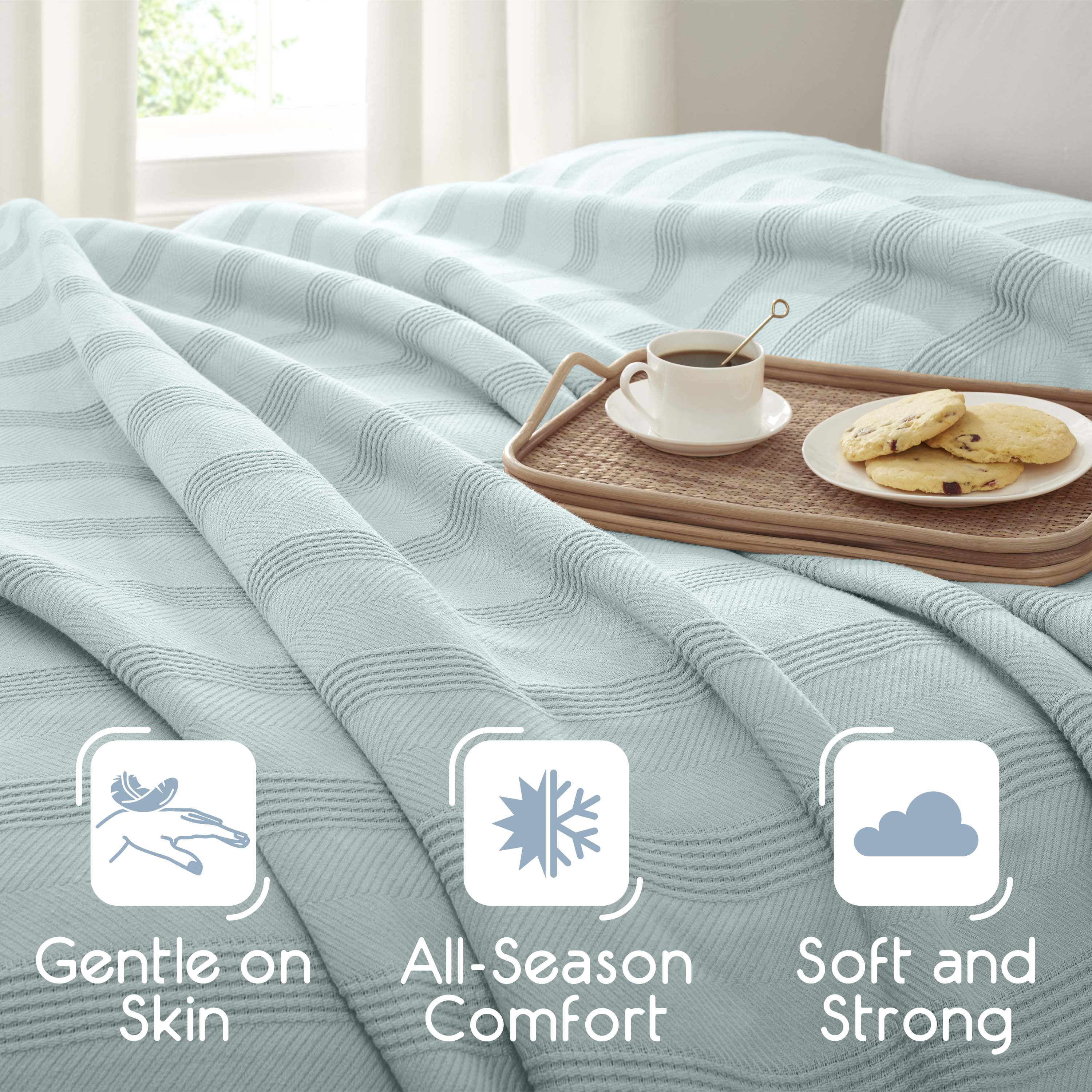 Lightweight Breathable 100% Cotton Knit Blanket – All-Season Bed Blanket – King Size – Light Blue