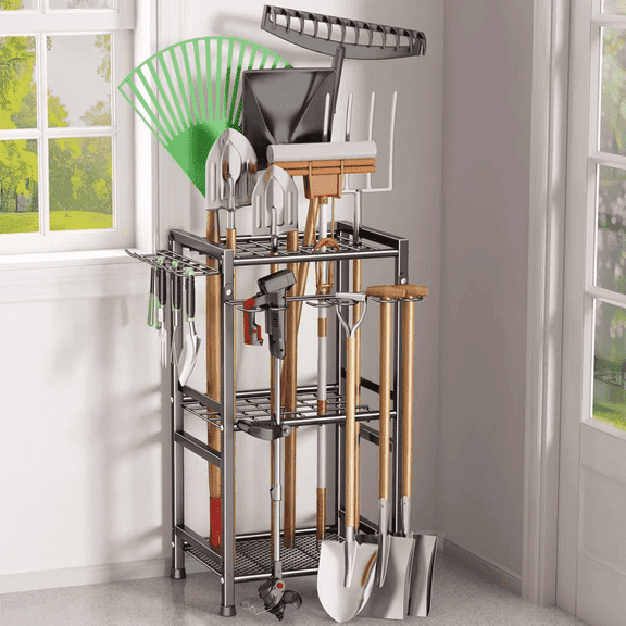 Garden Tool Organizer, 3 Tier Yard Tool Rack for Garage Organization and Storage, Special Storage Hooks Perfect For T-handle Tools, Carbon Steel Garden Tool Stand for Shed, Outdoor, Black ﻿