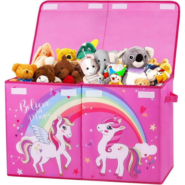 Coffre à Jouets avec Couvercle Rabattable pour Enfants, Grande Boîte de Rangement Pliable en Oxford avec Poignées pour Garçons Filles, Boîte à Jouets Imperméable Robuste Anti-Poussière pour Chambre Salle de Jeux, 25.5x11.8x15.7 Pouces