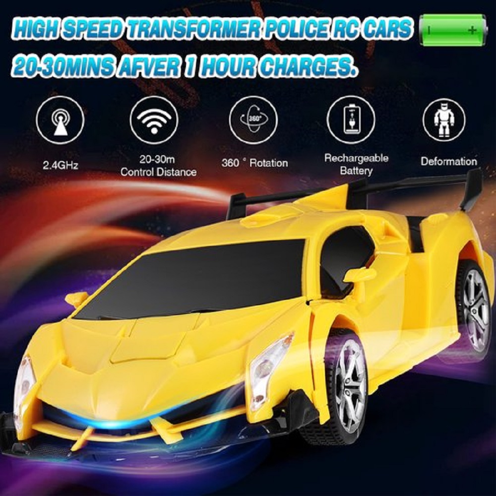 Zacro Transform RC Car Toys, 2.4Ghz 1:18 Scale Remote Control Car Transforming Robot, One-Button Deformation 360? Rotation Drifting Car Transformers Toys Gift, Yellow