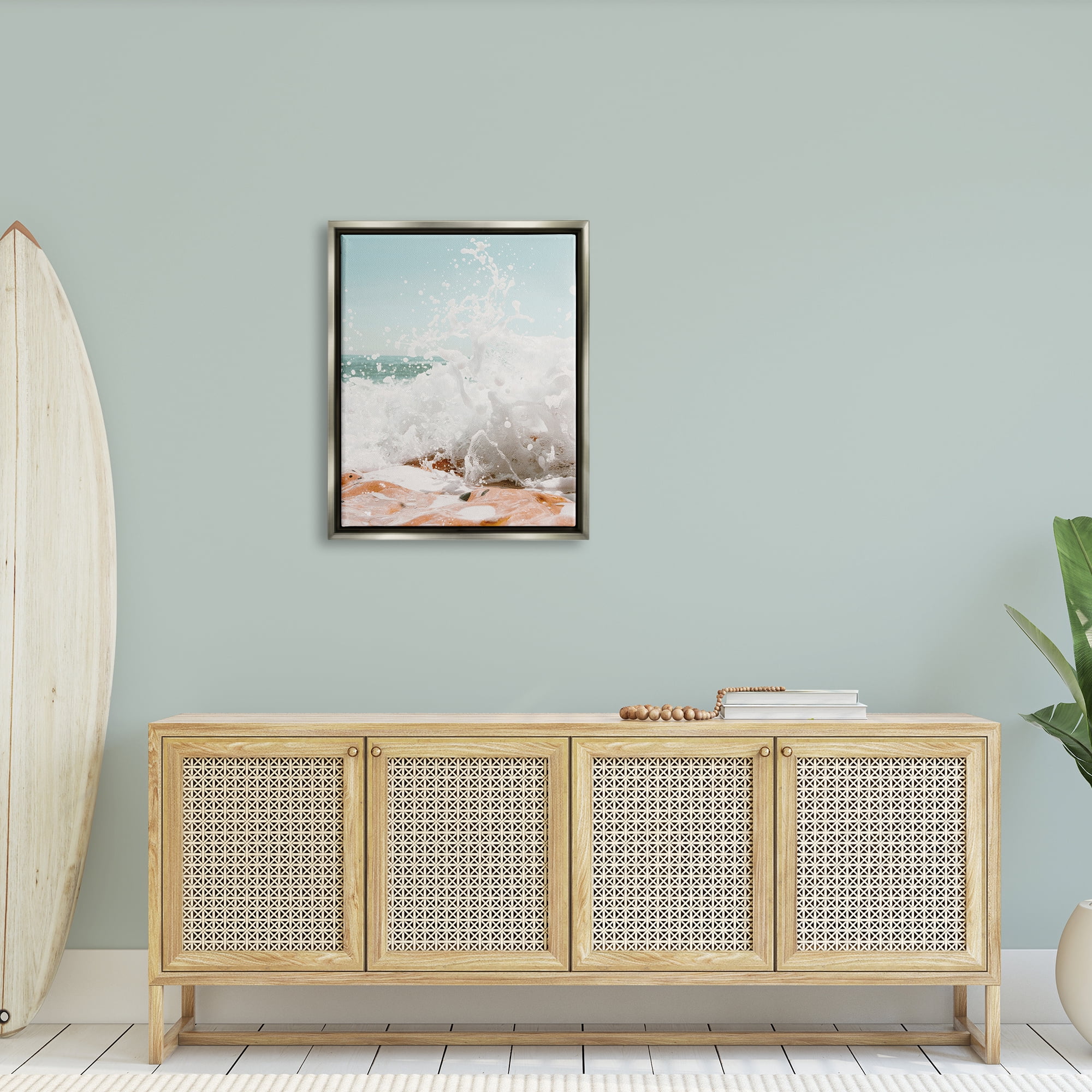 Stupell Splashing Sandy Beach Sea Foam Landscape Photography Gray Floater Framed Art Print Wall Art