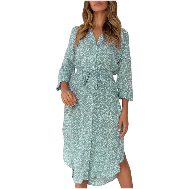 Vestido de manga larga con cuello en V y manga larga con estampado de leopardo y cuello en V para mujer de primavera y otoño Pompotops hdfakjf8243