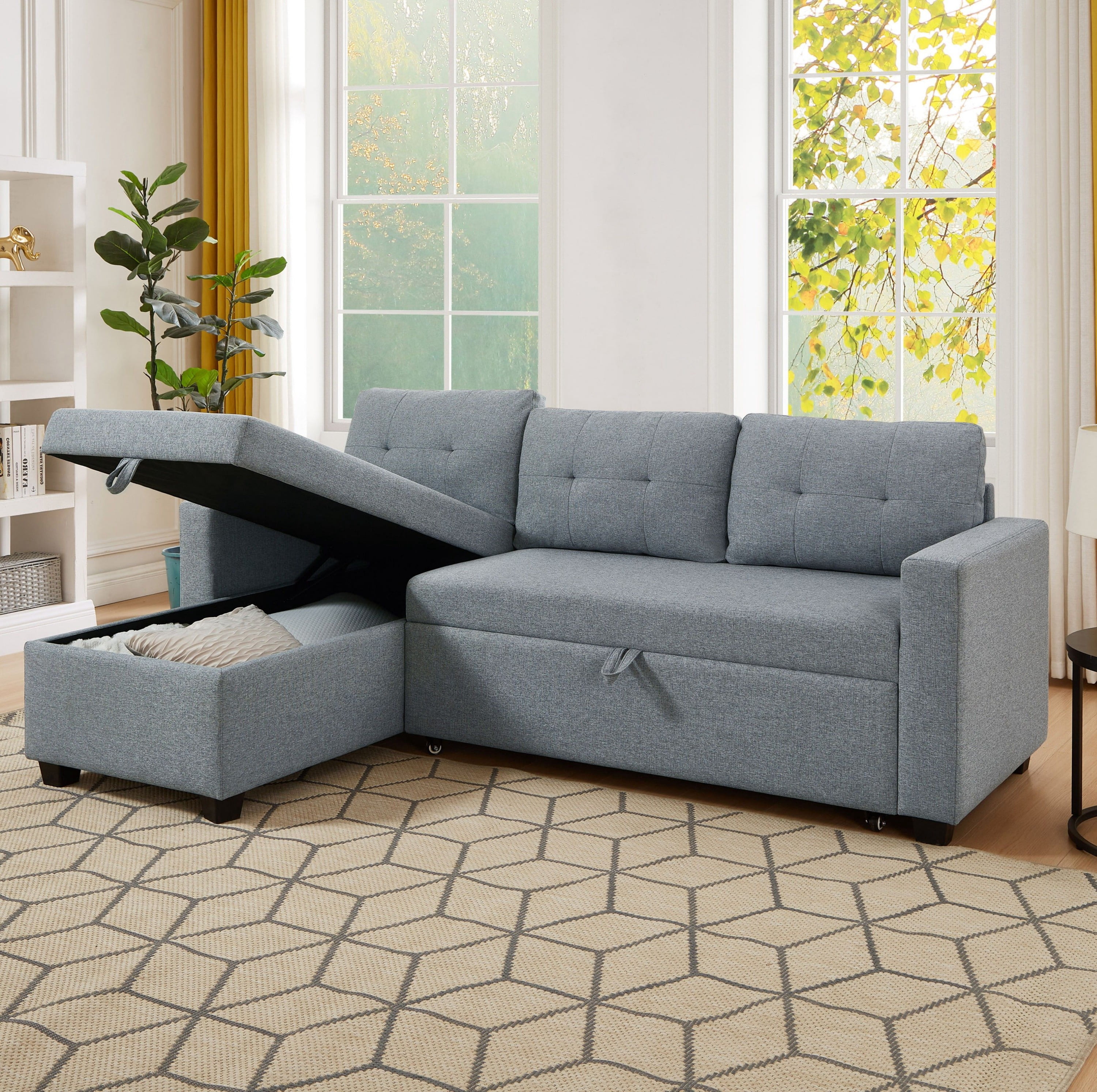 4-in-1 Convertible L Shaped Sleeper Sofa with Pull Out Bed and Storage Chaise, Linen Sectional Corner Couch with Removable Back Cushions for Living Room, Apartment, Bedroom,Office,Light Grey