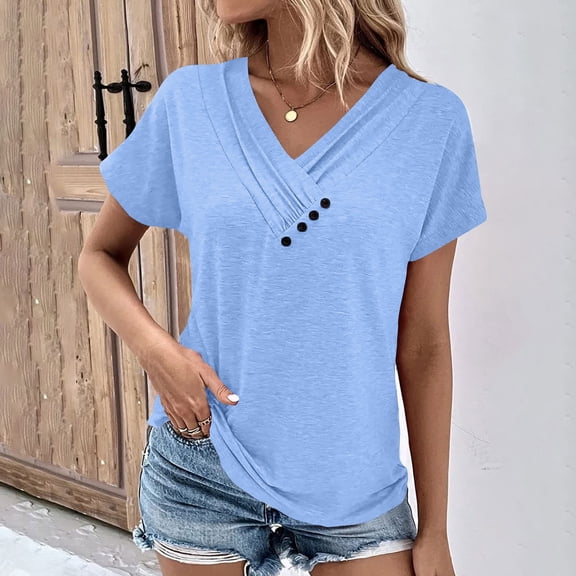 CLOISE Summer Tee for Women Short Sleeve Tops Casual Loose V Neck Blouses Button Shirts Solid Fashion T Shirts Light Blue L