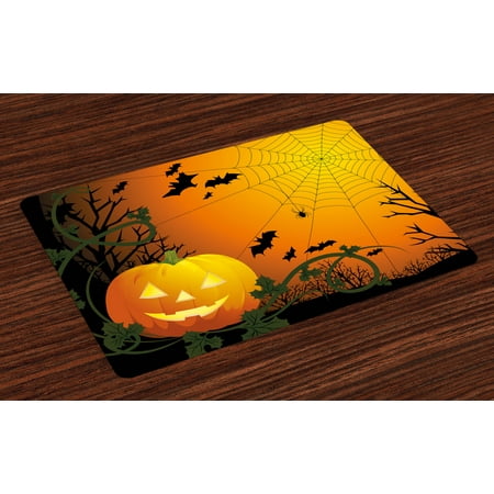 Spider Web Placemats Set of 4 Halloween Themed Composition with Pumpkin Leaves Trees Web and Bats, Washable Fabric Place Mats for Dining Room Kitchen Table Decor,Orange Dark Green Black, by Ambesonne
