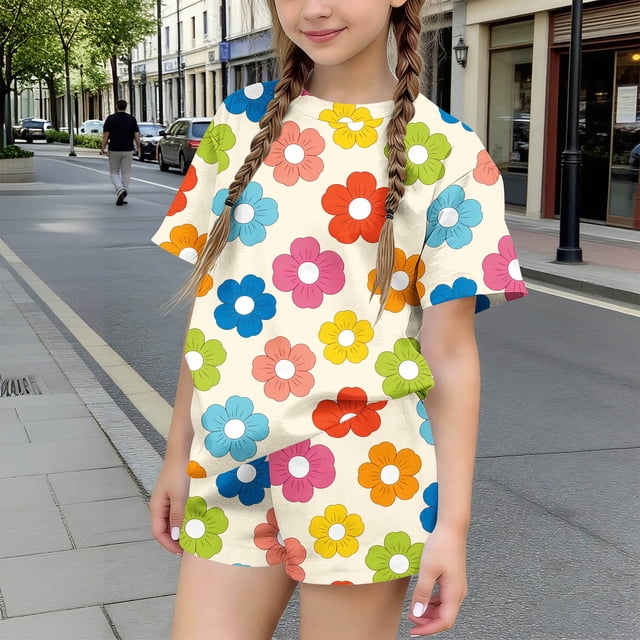 RKSTN Girls Ensembles pour Filles, T-Shirts à Col Rond à Manches Courtes à Imprimé Floral Coloré avec Shorts, Grande Enfant, Ensemble Pièce Two (Beige, 5-6 Ans)
