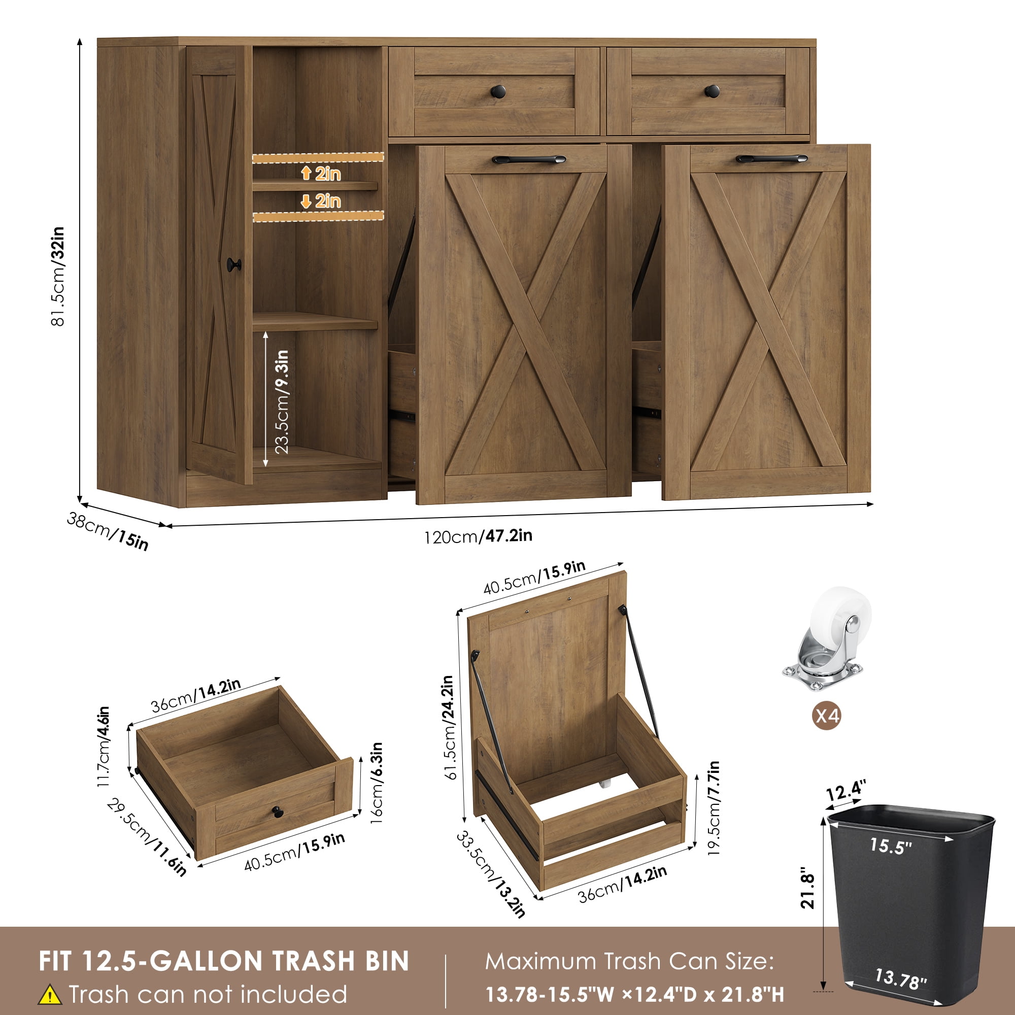 Homfa 47.2"W Kitchen Sideboard Credenza, Trash Can Cabinets Fits 12.5 Gallon Can, 2 Drawer Wood Buffet Storage Cabinet with Adjustable Shelf, Rustic Brown