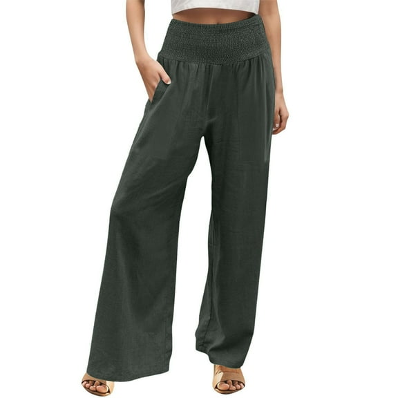 yunLCZ Women's Straight Leg Pants High Wa Linen Pants Women Summer Wide Leg Pants Drawstring Elastic Waist Pants High Waisted Pants Casual Beach Trousers
