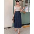 thumbnail image 5 of Dark Wash Straight Midi Denim Skirt With Side Slit Pocket Casual, 5 of 21