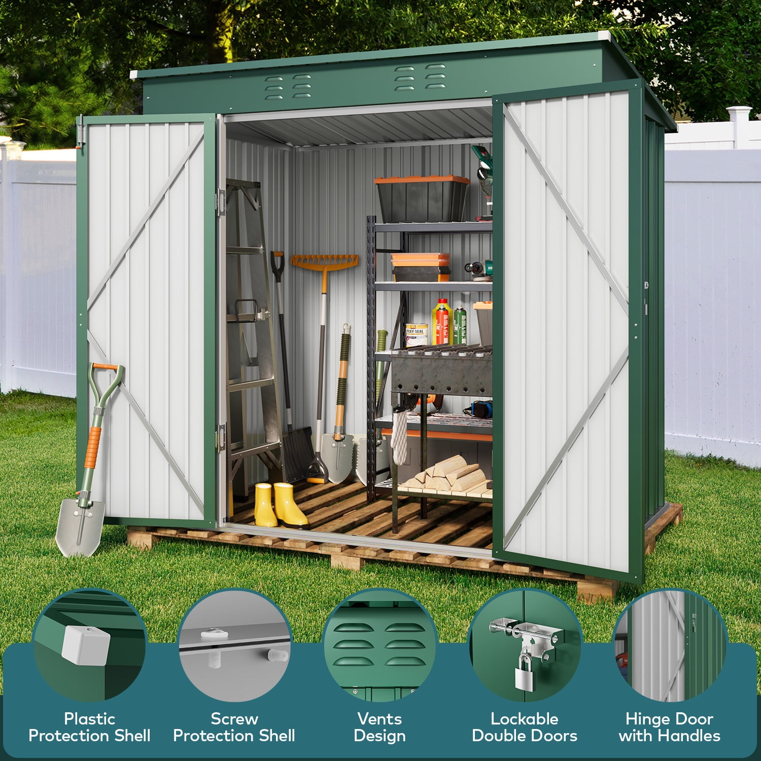 Lofka 6' x 4' Outdoor Storage Shed, Metal Garden Tool Storage Shed with Double Lockable Doors, Green