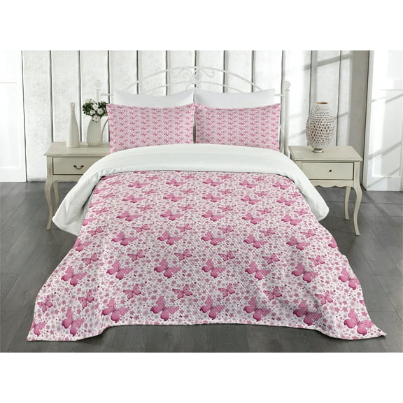 Ambesonne Butterfly Quilted Bedspread Set 3 Pcs, Pink Flowers, Queen Size, Pale Pink White
