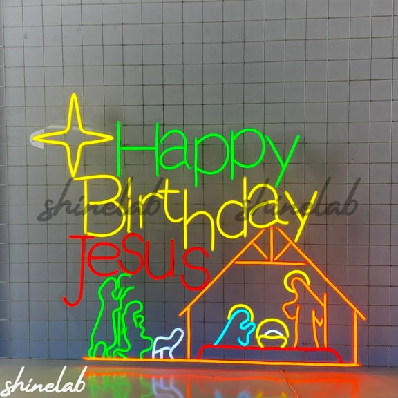 Shinelab Happy Birthday Jesus Neon Sign, Religious Nativity LED, Christmas Neon Sign