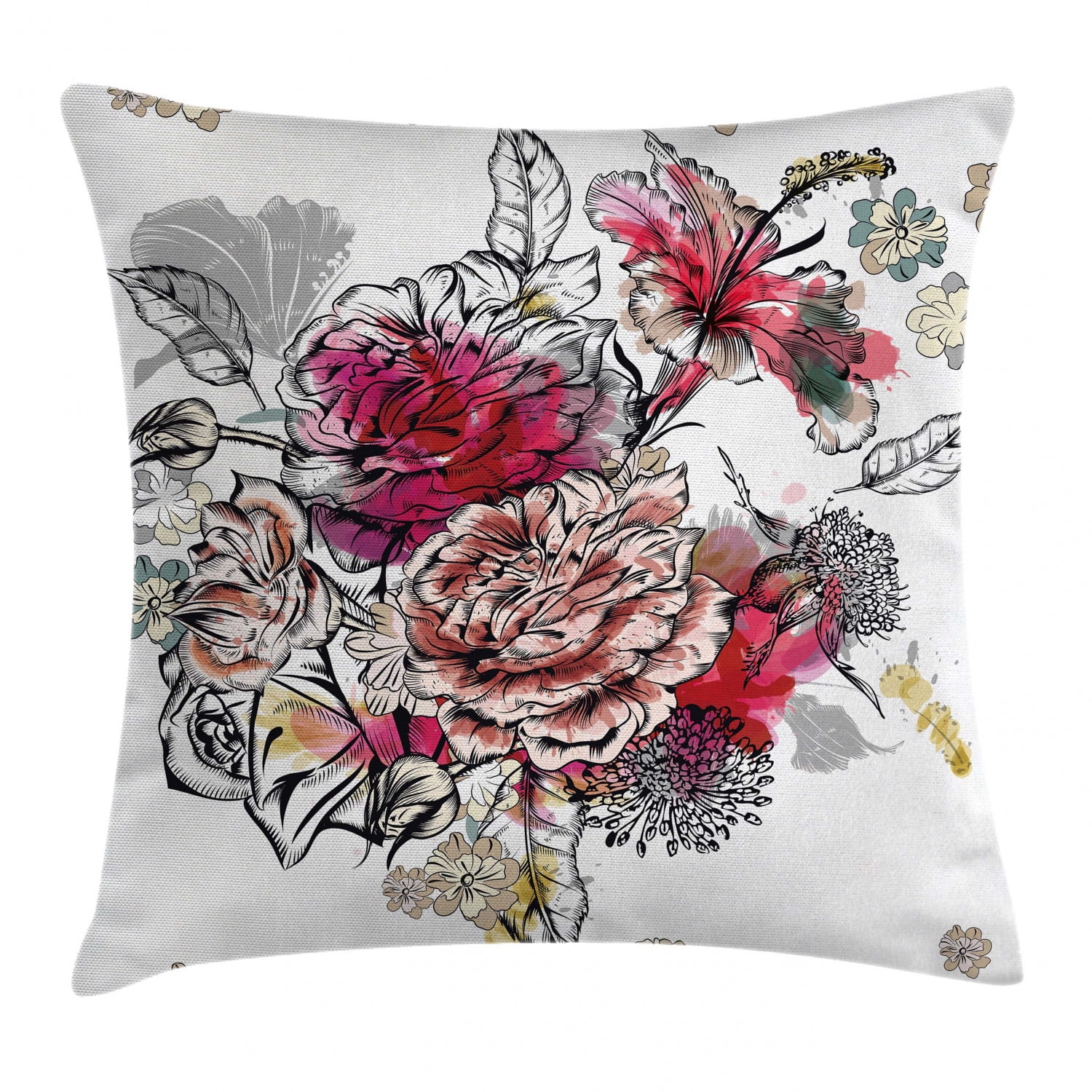 Floral Throw Pillow Cushion Cover, Romantic Rose Petals Bouquet Bridal