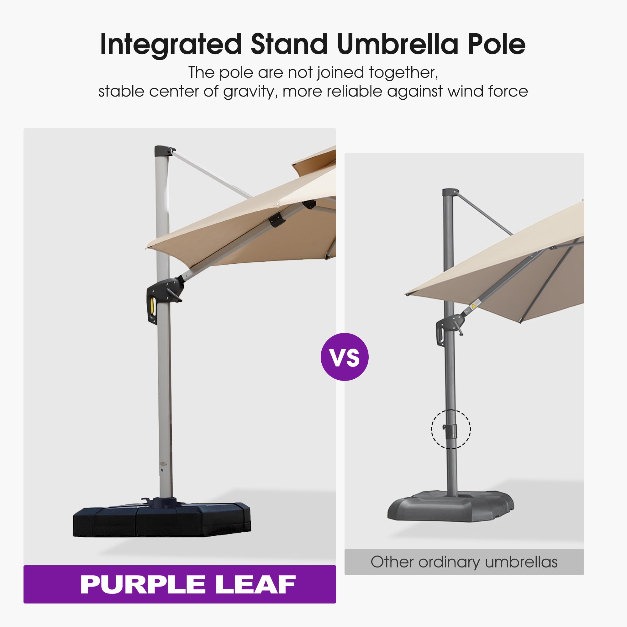 PURPLE LEAF 10FT Deluxe Round Patio Umbrella, Large Offset Cantilever Umbrella with 360° Rotation, Beige