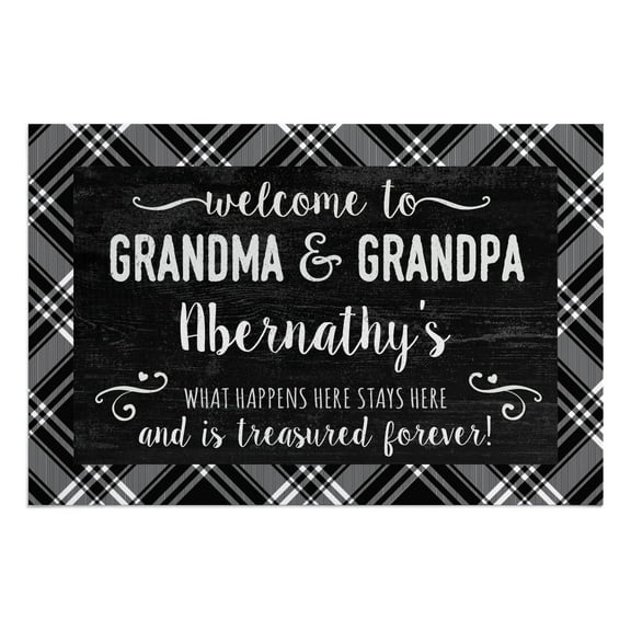 Personalized Planet 27x18 Treasured Forever Welcome to Grandma and Grandpa Doormat with Custom Family Name Printed on Black Rectangular 1/8” Thick Non Slip Mat for Kitchen Hallway Deck or Porch